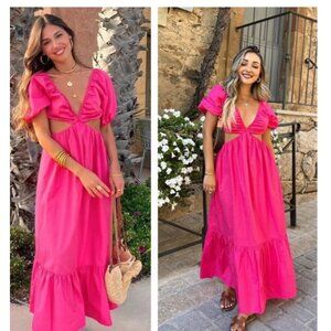 Zara Poplin Cut out Puff Sleeve Midi dress Hot pink Barbie sz L
